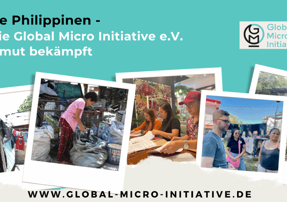 Collage mit Fotos vom Projektstandort Philippinen: Müllsammlerin, Beratungen, Team-Besuch und einfache Wohnverhältnisse.