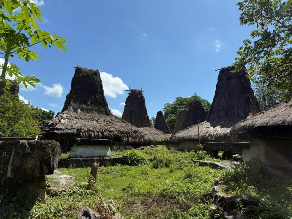 Traditionelle Häuser mit hohen Strohdächern in einem Dorf auf der indonesischen Insel Sumba.